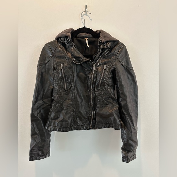 Free People Jackets & Blazers - FREE PEOPLE Black Faux Leather Moto Jacket with Hood